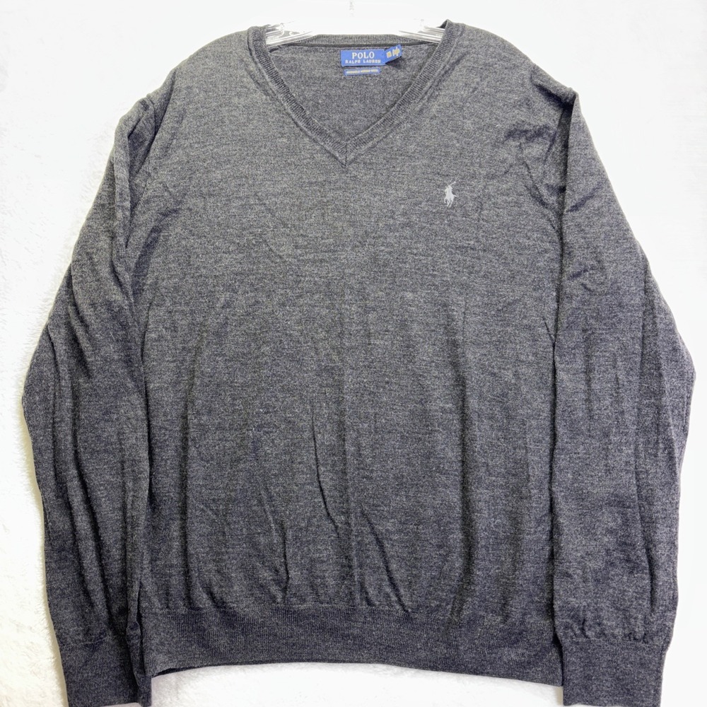 Men's 2XL Polo Ralph Lauren Custom Fit Merino Wool Gray V-Neck Sweater Excellent